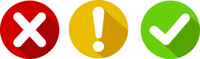 Set of round marks, cross, exclamation point, checkmark icons, buttons on white background.