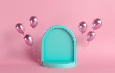 Empty blue, azure arch frame for greetings. Cosmetics template - 3d render illustration. Pink pastel background, advertising space. Room scene with arch and exhibition pedestal. 