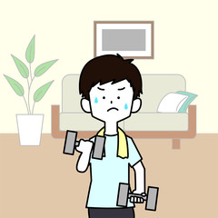 自宅で筋トレをする男性