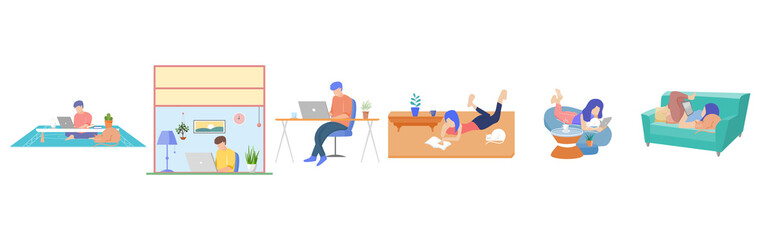 Set of people stay home. People working at home. People are reading good news. People relaxing at home. Vector illustration.