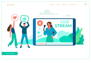Modern flat vector illustration concept of on-line video chat app, internet talk, call technology. Video player window with speaking woman and messages. Landing page.