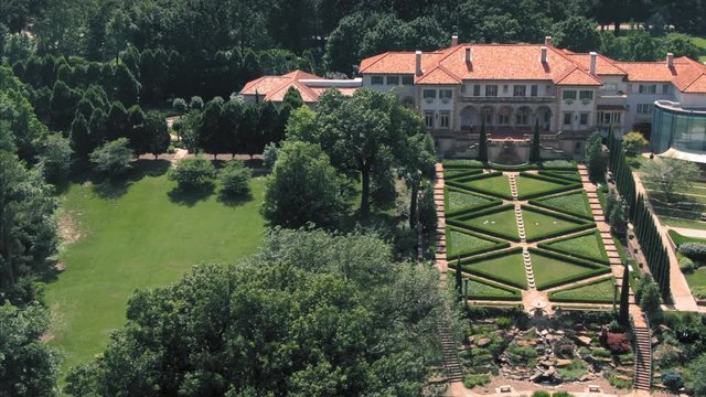 Tulsa, Oklahoma, USA. 1 May 2020. Aerial: Philbrook Museum Of Art, a global collection of fine & decorative art in an ornate Italian Renaissance-style mansion & gardens.