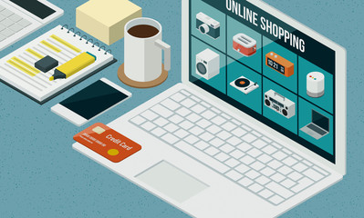 Online electronics shopping on a laptop,3D illustration