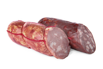 Delicious smoked sausages isolated on white. Fresh meat product
