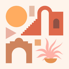 Abstract contemporary aesthetic background with geometric architecture shapes. Earth tones, burnt orange, terracotta colors. Boho wall decor. Mid century modern art print. Set of minimalistic shapes.