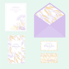 Wedding cards floral design. Rsvp, menu, table number thank you, save the date guest card & label set.  palm leaves