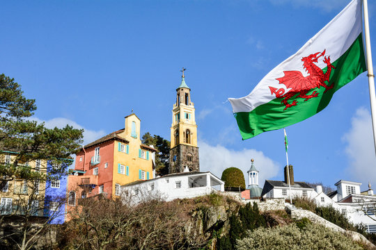 Welsh flag flying at Portmeirion village in North Wales during early February