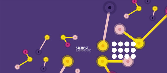 Flat style geometric abstract background, round dots or circle connections on color background. Technology network concept.