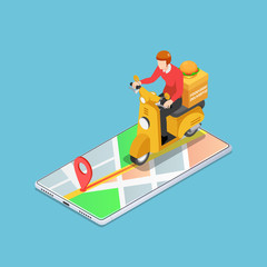 Isometric delivery man ride motorcycle on the smartphone with gps navigation