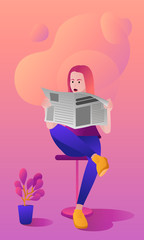 Woman sitting and reading newspaper. Vector Illustration.