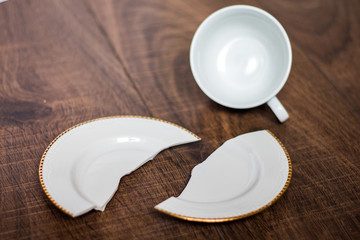 crash dishes on the floor, a white cup and a broken plate close, symbol of failure