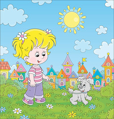 Obraz na płótnie Canvas Cheerful little girl walking together with her merry grey puppy in a green park of a small colorful town on a sunny summer day, vector cartoon illustration