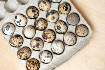 Quail eggs  on the  wooden table