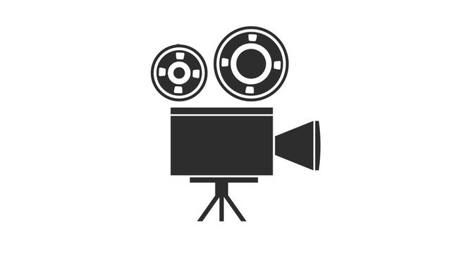 Movie projector with film reel. Black icon on white background. Animated 4k video