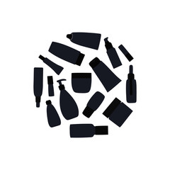 Templates for print and web design of empty and clean grey plastic containers: bottles with spray, cream jar, tube. Flat design of cosmetic package. Hand drawn vector Illustration.