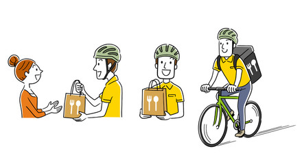 Stock illustration: food delivery, deliveryman, bicycle, set, collection