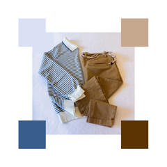 Autumn stylish woman outfit. Flatlay of woman dress and in a colour palette, with complimentary colour swatches