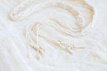 Handmade macrame dress belt. Natural cotton threads and wooden beads. Stylish decoration for women 's dress.  Macrame braiding and cotton threads. Female hobby.