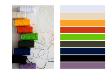 Top view of colorful sewing threads in a colour palette, with complimentary colour swatches