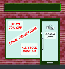 Obraz premium Retail shop closing down highlighting the economic pressures on high street retailing businesses with blank sign for own text