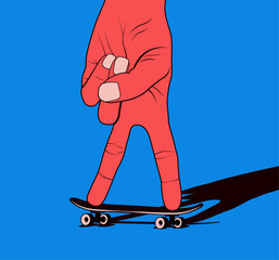 Hand silhouette riding on toy skateboard or fingerboard. Skateboarding youth culture concept illustration for sticker or poster design. Vector illustration © paul_craft