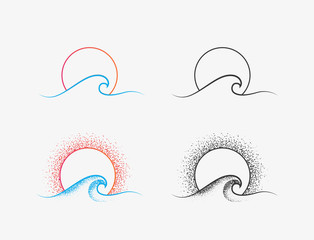 Sun and ocean wave logo or icon design in colored and black versions. Summer time vacation or surfing minimalistic thin line icon isolated on white background. Vector illustration © paul_craft