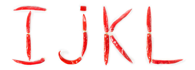Alphabet made of red hot chili peppers. Letters I, J, K, L. Isolated on a white background