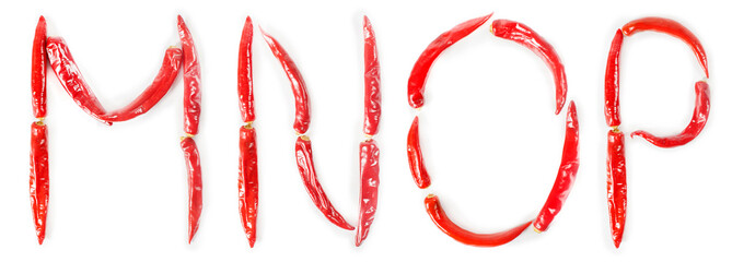 Alphabet made of red hot chili peppers. Letters M, N, O, P. Isolated on a white background