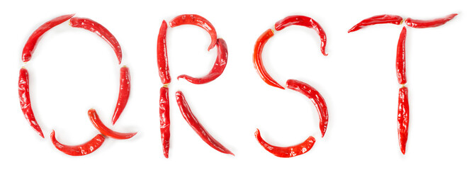 Alphabet made of red hot chili peppers. Letters Q, R, S, T. Isolated on a white background