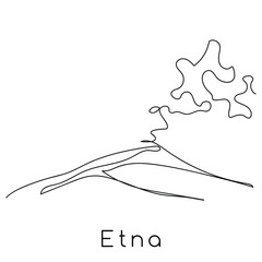 Etna, Sicily. Catania. One line drawing illustration. Volcano eruption. Black and white print design. Vector illustration