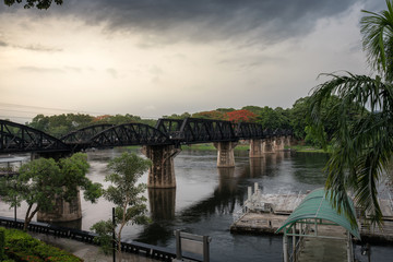 The scenery of the bridge across the Kwai River in Kanchanaburi province, Thailand.