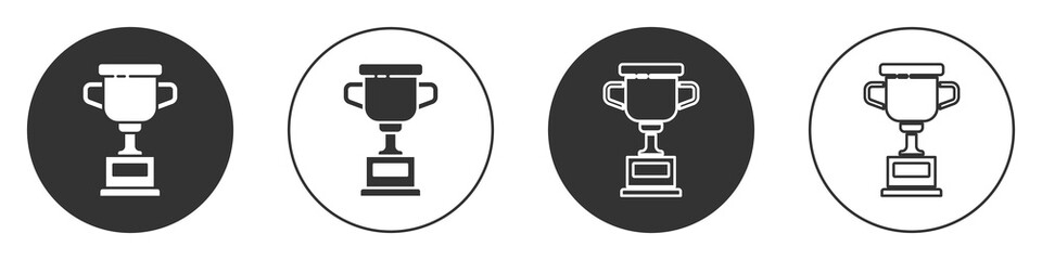 Black Award cup icon isolated on white background. Winner trophy symbol. Championship or competition trophy. Sports achievement sign. Circle button. Vector Illustration