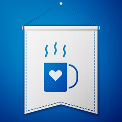 Blue Coffee cup and heart icon isolated on blue background. Couple coffee for lovers on Valentines Day. White pennant template. Vector Illustration