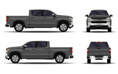 realistic car. truck, pickup. front view  side view  back view. © kupchynskyi12