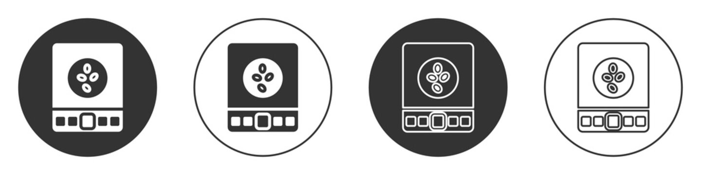 Black Electronic coffee scales icon isolated on white background. Weight measure equipment. Circle button. Vector Illustration
