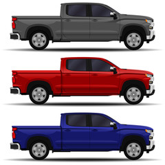 realistic cars set. truck, pickup. side view.