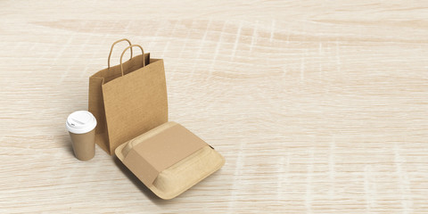 Fototapeta premium Take Out Food Packaging. Takeaway Food delivery. Disposable Recyclable Cardboard Food Packaging Template Background For Restaurant.