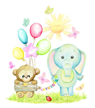 Elephant, monkey, cart, butterflies, sun, grass, flags. Watercolor clip art, on an isolated background, for a children's holiday.