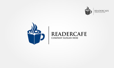 Reader Cafe Logo Template. Coffee cup concept reading. Vector logo illustration.