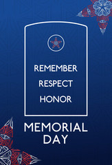 Memorial Day Poster Vector illustration, USA flag and stars on textured blue background and headstone symbol. Veterans day respect and honor