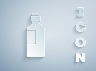 Paper cut Bottle of water icon isolated on grey background. Soda aqua drink sign. Paper art style. Vector Illustration