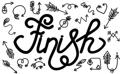 Finish. Beautiful word finish with doodles of arrows on a white background isolated