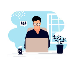 A man sits on a chair, works on a laptop. Freelancer at home in the workplace. vector flat illustration
