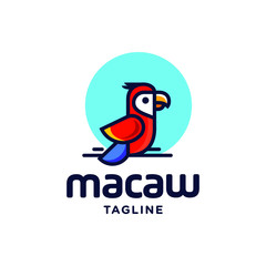 topical bird cartoon, red and blue macaw parrot tropical bird logo icon vector template in colorful flat line outline style illustration