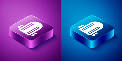 Isometric School backpack icon isolated on blue and purple background. Square button. Vector Illustration