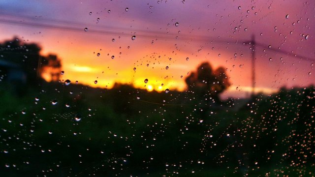 Field Against Orange Sky Seen Through Wet Glass Window During Monsoon