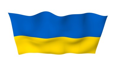 The flag of Ukraine on a white background. National flag and state ensign. Blue and yellow bicolour. 3D illustration waving flag