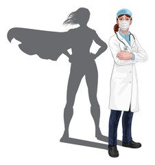 A female doctor super hero woman with stethoscope and mask PPE. With arms folded and serious but caring look. Revealed as a superhero by the shape of her shadow.