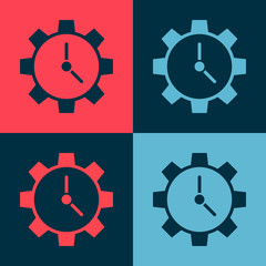Pop art Time Management icon isolated on color background. Clock and gear sign. Productivity symbol.  Vector Illustration