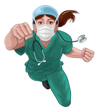 A super hero woman doctor or nurse concept. A female medical healthcare professional as a superhero flying through the air. Wearing face mask PPE